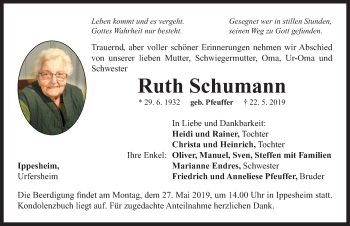 Traueranzeige von Ruth Schumann von Neustadt/ Scheinfeld/ Uffenheim