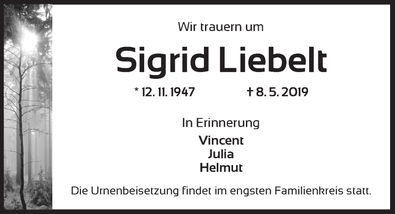  Traueranzeige für Sigrid Liebelt vom 11.05.2019 aus Dinkelsbühl/ Feuchtwangen