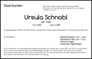 Traueranzeige von Ursula Schnabl von Dinkelsbühl/ Feuchtwangen