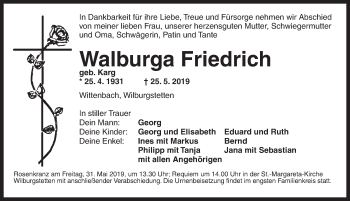 Traueranzeige von Walburga Friedrich von Dinkelsbühl/ Feuchtwangen