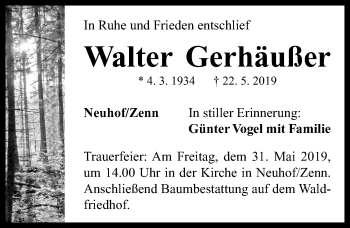 Traueranzeige von Walter Gerhäußer von Neustadt/ Scheinfeld/ Uffenheim