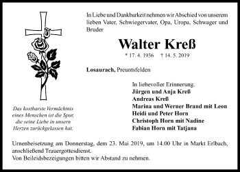 Traueranzeige von Walter Kreß von Neustadt/ Scheinfeld/ Uffenheim