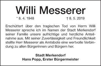 Traueranzeige von Willi Messerer von Ansbach