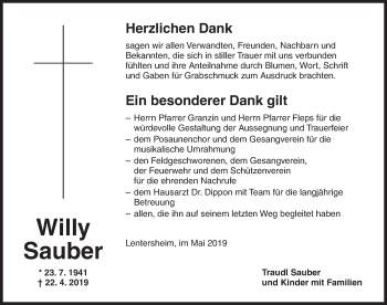 Traueranzeige von Willy Sauber von Dinkelsbühl/ Feuchtwangen