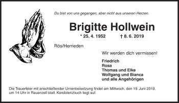 Traueranzeige von Brigitte Hollwein von Ansbach