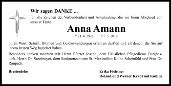 Traueranzeige von Anna Amann von Neustadt/ Scheinfeld/ Uffenheim