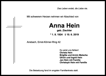 Traueranzeige von Anna Hein von Ansbach