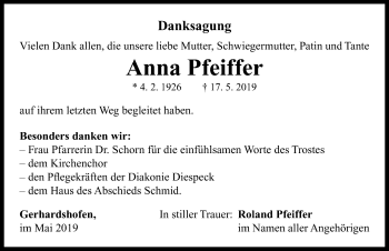 Traueranzeige von Anna Pfeiffer von Neustadt/ Scheinfeld/ Uffenheim