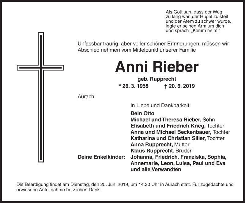  Traueranzeige für Anni Rieber vom 22.06.2019 aus Ansbach