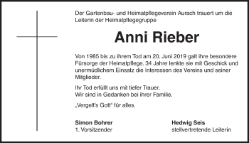 Traueranzeige von Anni Rieber von Dinkelsbühl/ Feuchtwangen