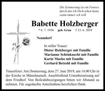 Traueranzeige von Babette Holzberger von Neustadt/ Scheinfeld/ Uffenheim