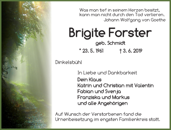 Traueranzeige von Brigite Forster von Dinkelsbühl/ Feuchtwangen