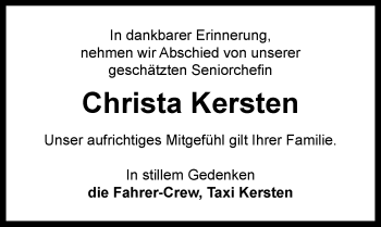 Traueranzeige von Christa Kersten von Rothenburg