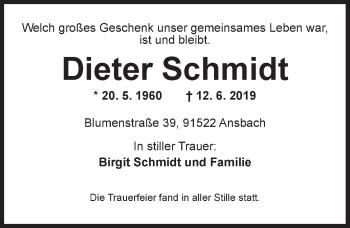 Traueranzeige von Dieter Schmidt von Ansbach