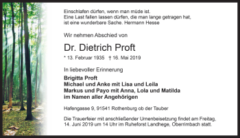 Traueranzeige von Dietrich  Proft von Rothenburg