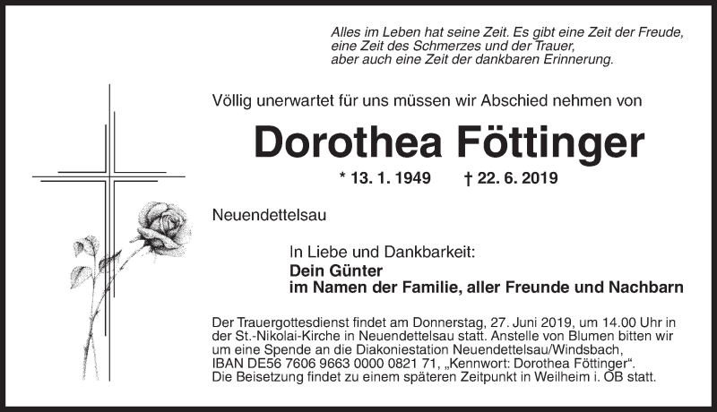  Traueranzeige für Dorothea Föttinger vom 25.06.2019 aus Ansbach