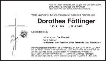 Traueranzeige von Dorothea Föttinger von Ansbach