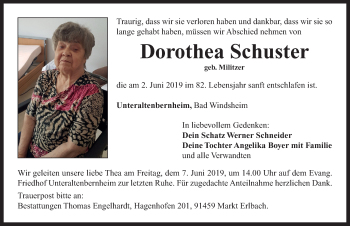 Traueranzeige von Dorothea Schuster von Neustadt/ Scheinfeld/ Uffenheim
