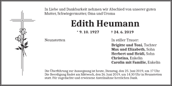 Traueranzeige von Edith Heumann von Ansbach