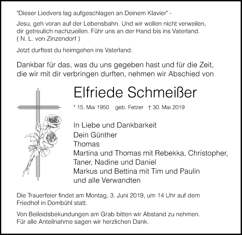  Traueranzeige für Elfriede Schmeißer vom 01.06.2019 aus Dinkelsbühl/ Feuchtwangen