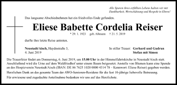 Traueranzeige von Eliese Babette Cordelia Reiser von Neustadt/ Scheinfeld/ Uffenheim