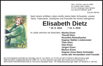 Traueranzeige von Elisabeth Dietz von Dinkelsbühl/ Feuchtwangen