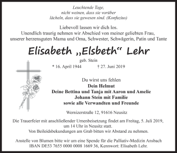 Traueranzeige von Elisabeth Lehr von Rothenburg