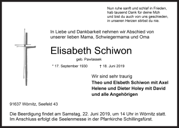 Traueranzeige von Elisabeth Schiwon von Rothenburg