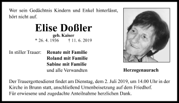 Traueranzeige von Elise Doßler von Neustadt/ Scheinfeld/ Uffenheim