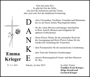 Traueranzeige von Emma Krieger von Dinkelsbühl/ Feuchtwangen