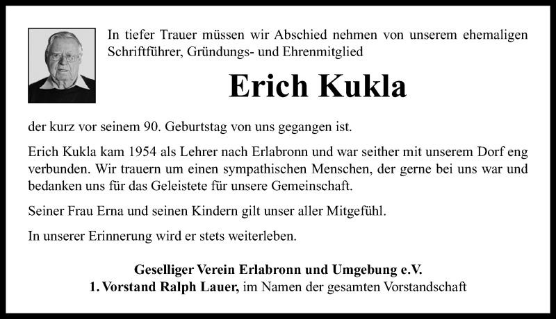  Traueranzeige für Erich Kukla vom 03.06.2019 aus Neustadt/ Scheinfeld/ Uffenheim