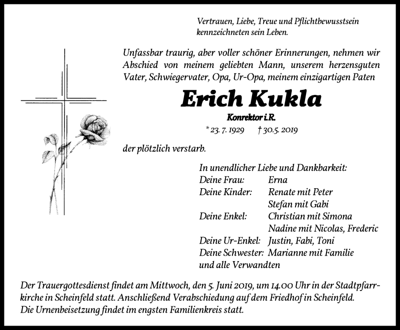  Traueranzeige für Erich Kukla vom 03.06.2019 aus Neustadt/ Scheinfeld/ Uffenheim