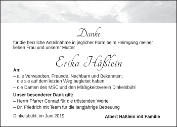 Traueranzeige von Erika Häßlein von Dinkelsbühl/ Feuchtwangen