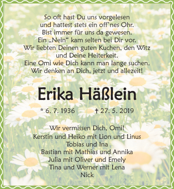 Traueranzeige von Erika Häßlein von Dinkelsbühl/ Feuchtwangen