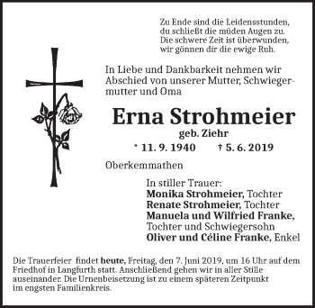 Traueranzeige von Erna Strohmeier von Dinkelsbühl/ Feuchtwangen