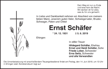 Traueranzeige von Ernst Schäfer von Dinkelsbühl/ Feuchtwangen