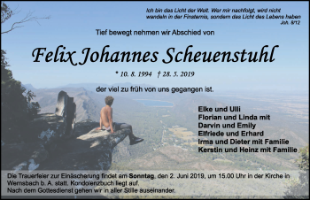 Traueranzeige von Felix Johannes Scheuenstuhl von Ansbach