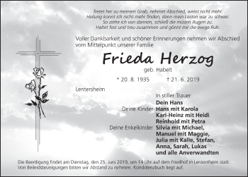 Traueranzeige von Frieda Herzog von Dinkelsbühl/ Feuchtwangen