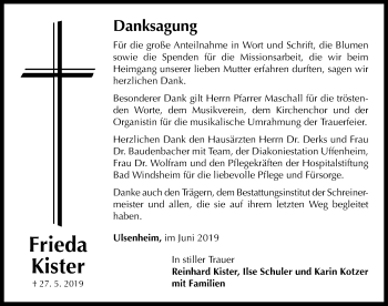 Traueranzeige von Frieda Kister von Neustadt/ Scheinfeld/ Uffenheim