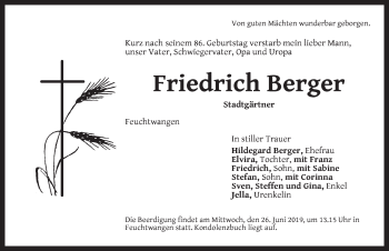 Traueranzeige von Friedrich Berger von Dinkelsbühl/ Feuchtwangen