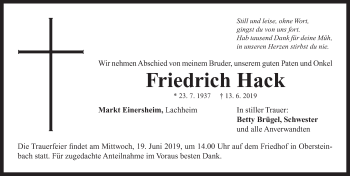 Traueranzeige von Friedrich Hack von Neustadt/ Scheinfeld/ Uffenheim