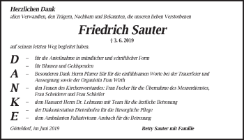 Traueranzeige von Friedrich Sauter von Ansbach