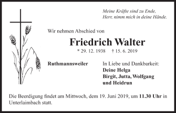 Traueranzeige von Friedrich Walter von Neustadt/ Scheinfeld/ Uffenheim