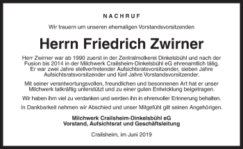 Traueranzeige von Friedrich Zwirner von Dinkelsbühl/ Feuchtwangen