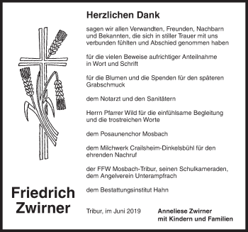 Traueranzeige von Friedrich Zwirner von Dinkelsbühl/ Feuchtwangen