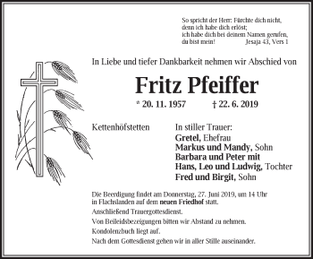 Traueranzeige von Fritz Pfeiffer von Ansbach