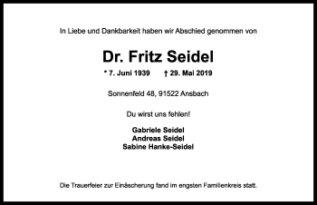 Traueranzeige von Fritz Seidel von Ansbach