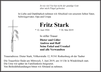 Traueranzeige von Fritz Stark von Rothenburg