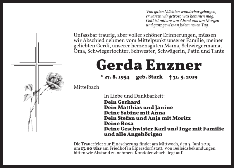  Traueranzeige für Gerda Enzner vom 03.06.2019 aus Ansbach