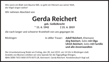 Traueranzeige von Gerda Reichert von Ansbach